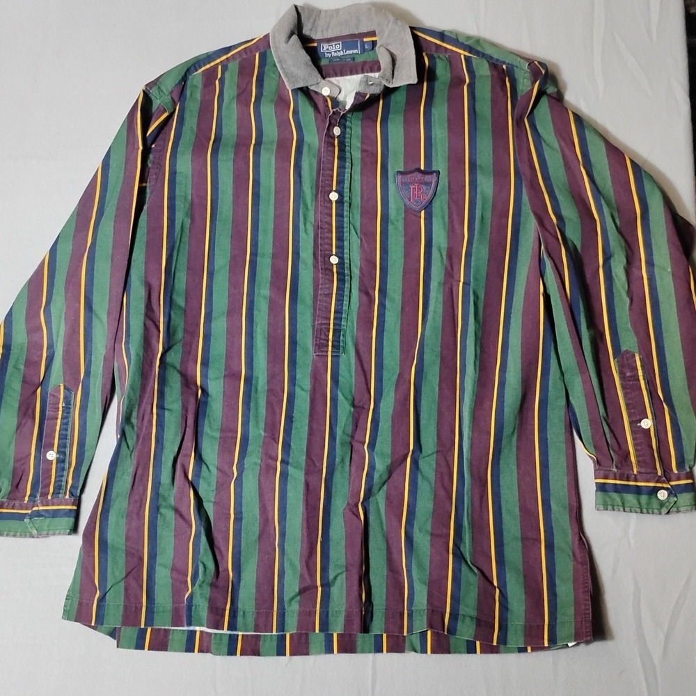 Polo Ralph Lauren Striped Rugby‎ Shirt Long Sleeve Collared Button Up Mens L